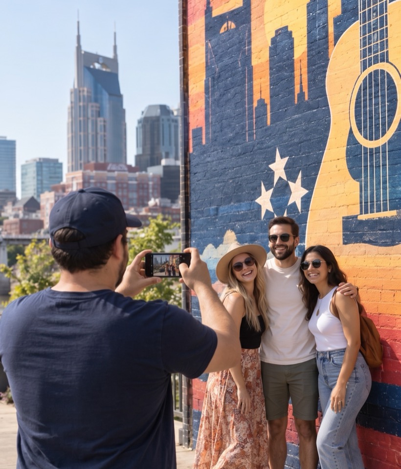 A Personal Paparazzi photographing three friends against a painted Nashville mural, with the downtown skyline behind him.